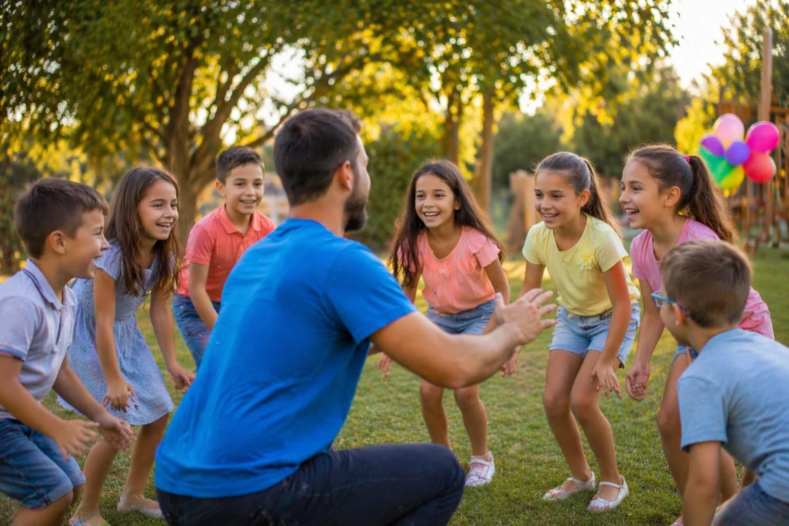 Animador a conduzir uma atividade de grupo numa festa infantil em Alcochete