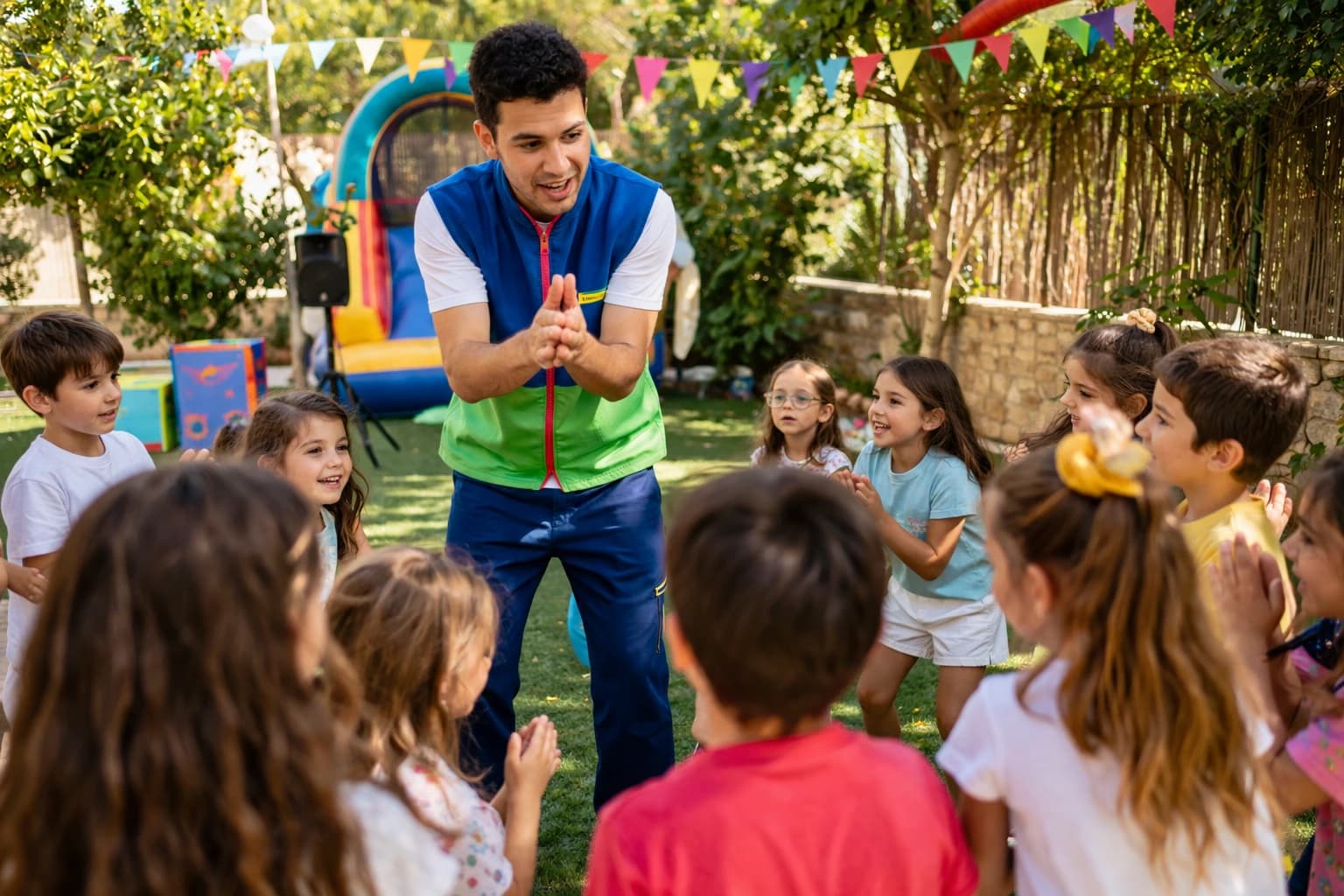 Animador a conduzir jogo de grupo em festa infantil em Almada