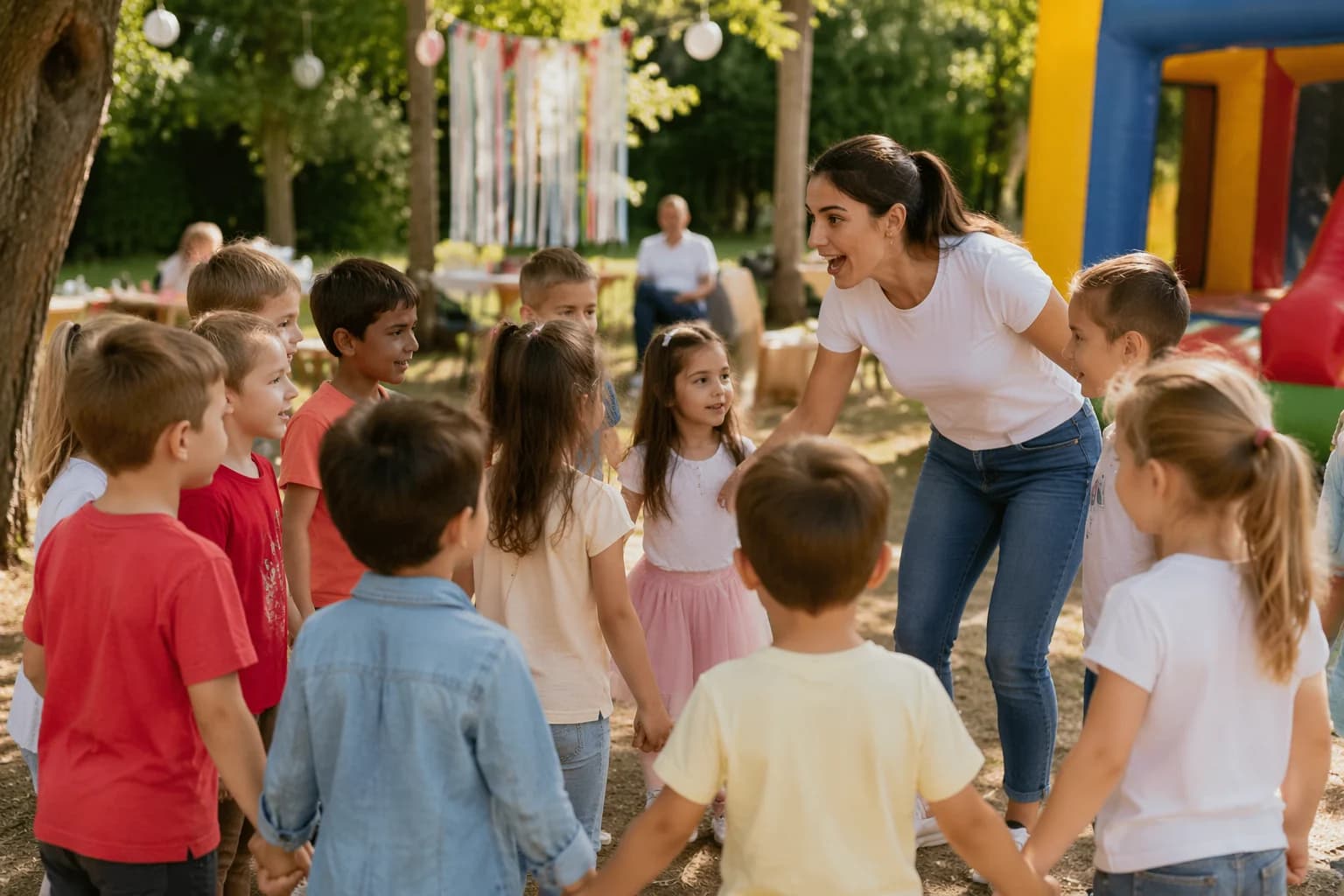Animador a conduzir uma atividade de grupo numa festa infantil na Amadora