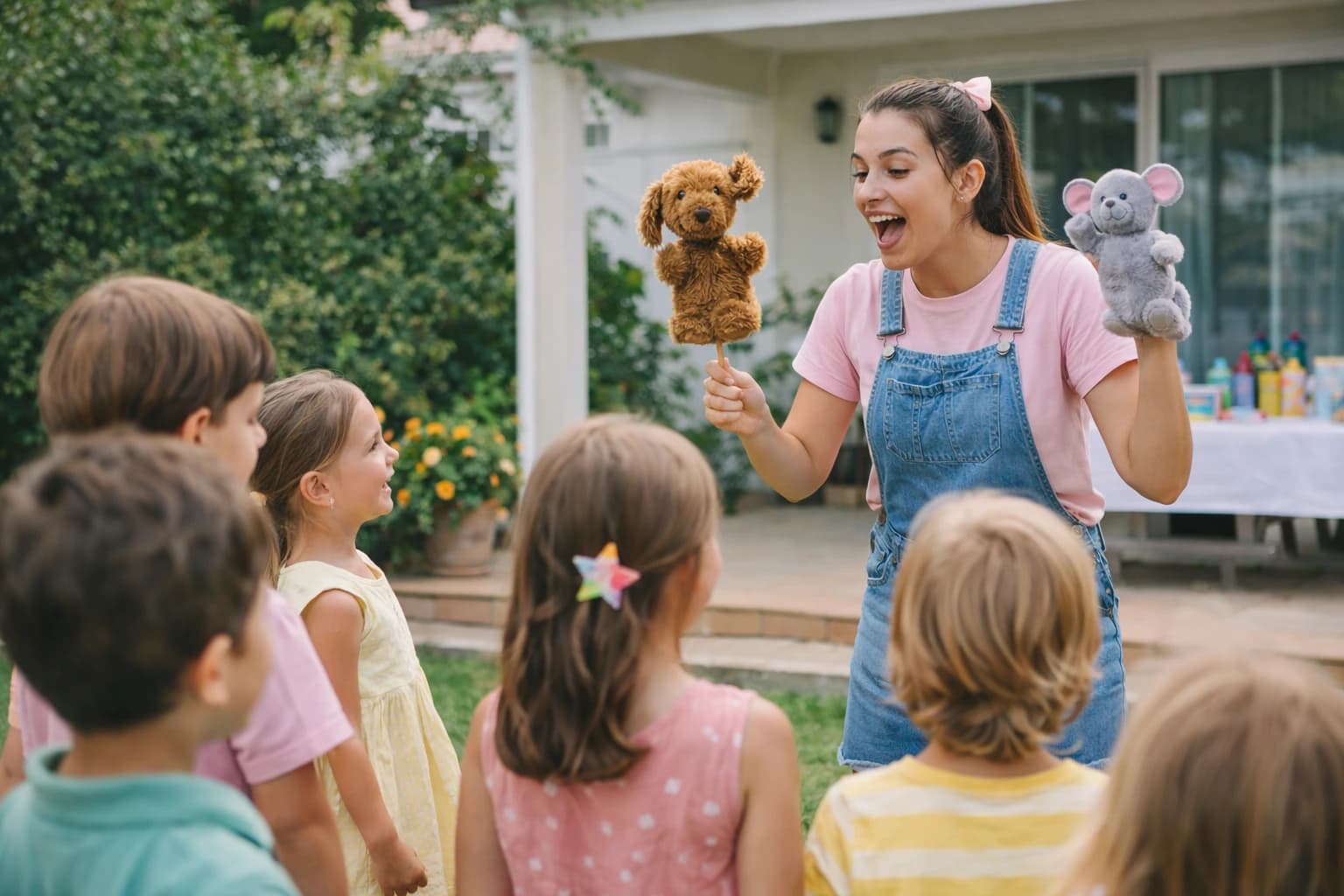Animador a orientar atividade de grupo em festa infantil em Cascais