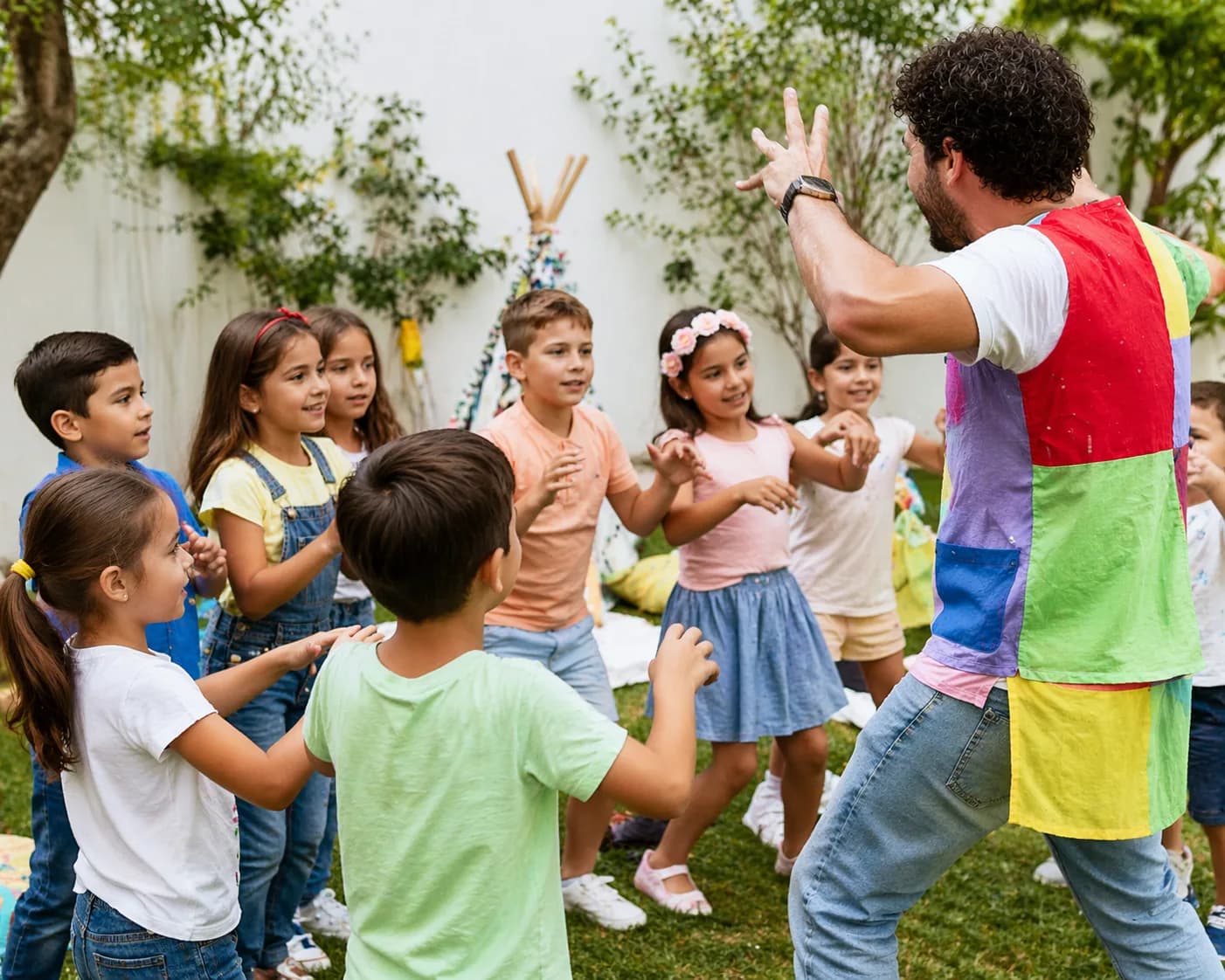 Animador a conduzir uma atividade de grupo numa festa infantil no Montijo