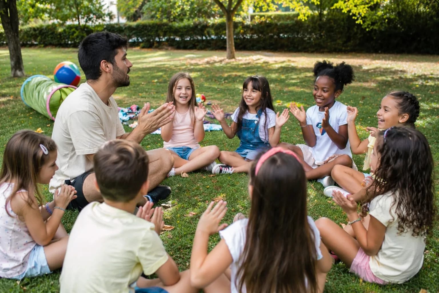 Animador a conduzir uma atividade de grupo numa festa infantil em Oeiras