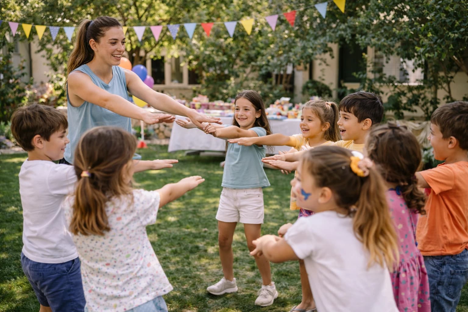 animador a conduzir jogo de grupo em festa infantil no Seixal
