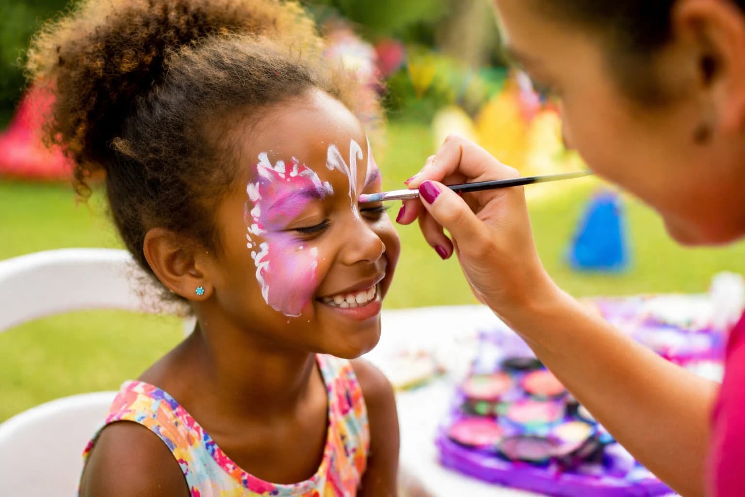 Criança a receber pinturas faciais numa festa infantil em Alcochete