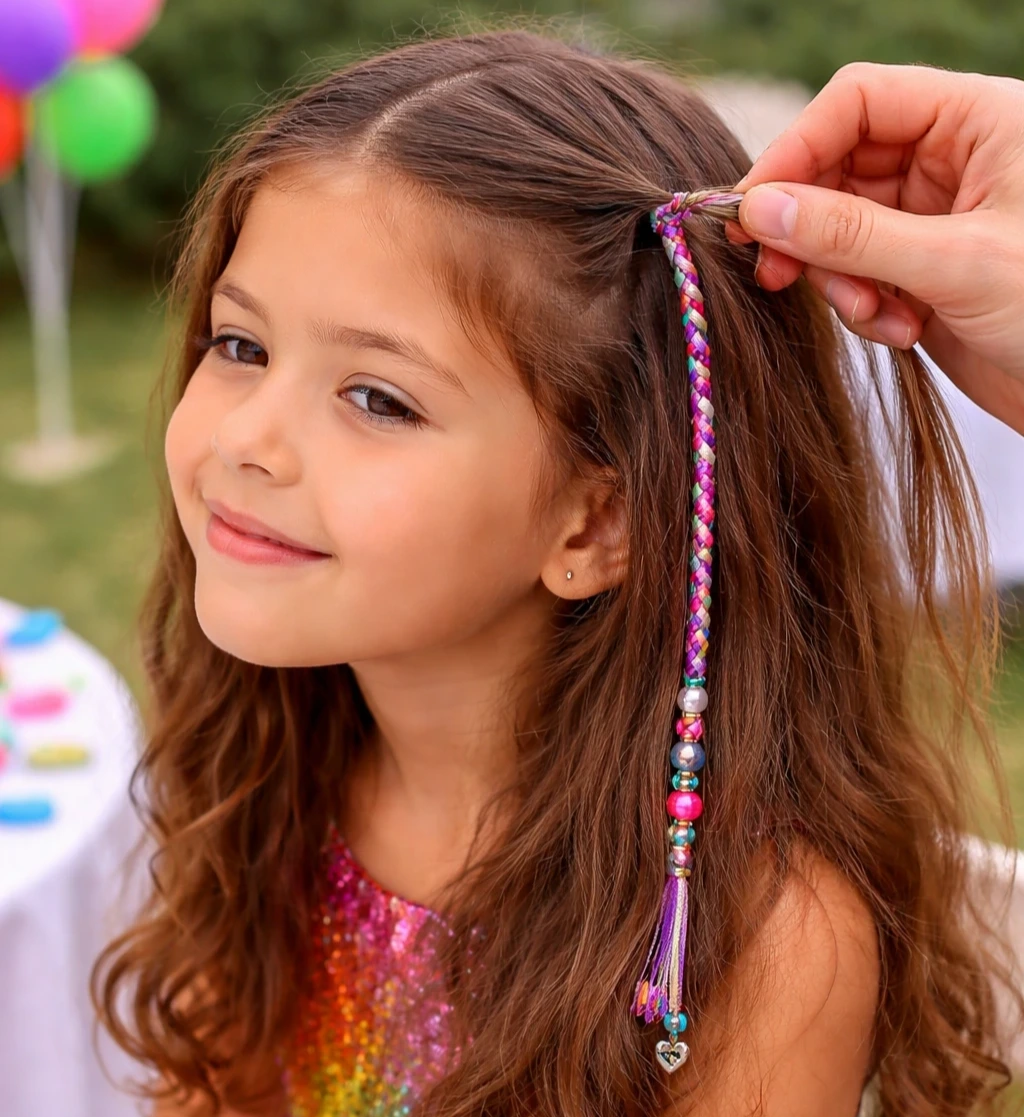tererés coloridos no cabelo de criança numa festa infantil